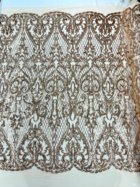Heart Sequin Damask Polyester Fabric - Heart Damask, Iridescent Sequins, 54" Width (1 Yard)