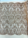Heart Sequin Damask Polyester Fabric - Heart Damask, Iridescent Sequins, 54" Width (1 Yard)