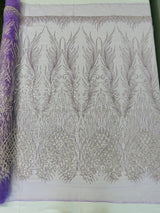 Wing Feather Damask Beaded Lace Fabric - Feather Damask, Beaded Mesh Lace, 50-54" Width (1 Yard)