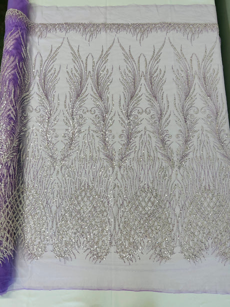 Wing Feather Damask Beaded Lace Fabric - Feather Damask, Beaded Mesh Lace, 50-54" Width (1 Yard)