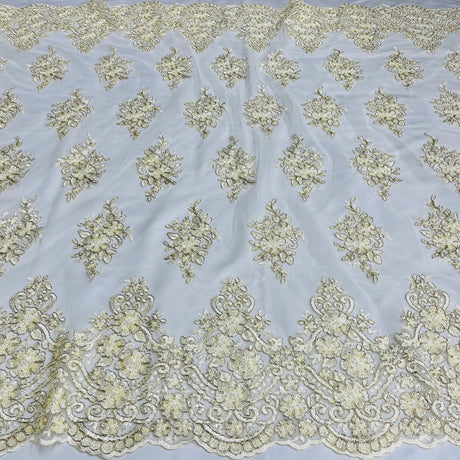 Beaded Corded Lace Fabric With Scallops