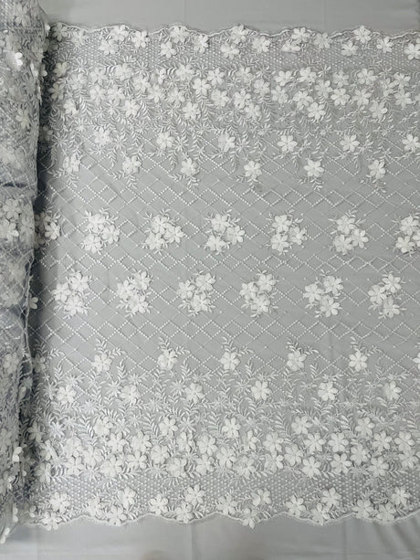 Lia 3D Floral Design Lace Fabric - Beaded Mesh, Double Scallop, 54" Width (1 Yard)