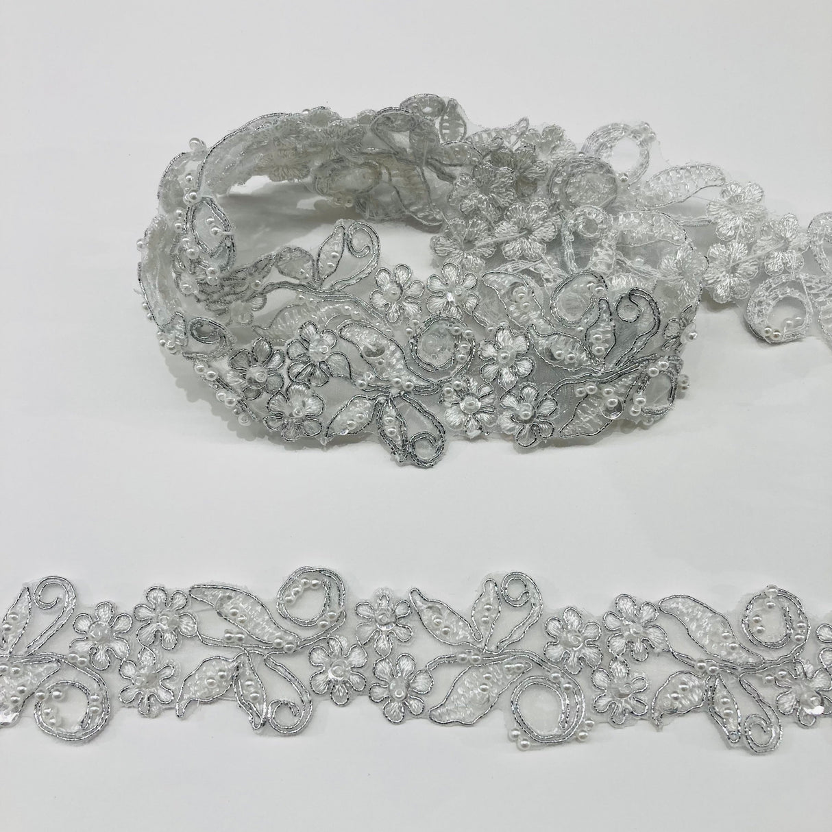 Beaded Corded Lace Trim on Organza