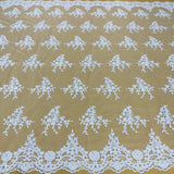 1 Yard Beaded and Corded Bridal Lace Fabric Embroidered on 100% Polyester Net Mesh White