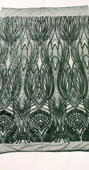 Feather Damask Shiny Sequin Design 4 Way Stretch Mesh Fabric - Iridescent Sequin Embroidered Mesh, 48-50" Width, 36" Length (1 Yard)