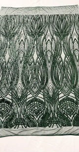 Feather Damask Shiny Sequin Design 4 Way Stretch Mesh Fabric - Iridescent Sequin Embroidered Mesh, 48-50" Width, 36" Length (1 Yard)