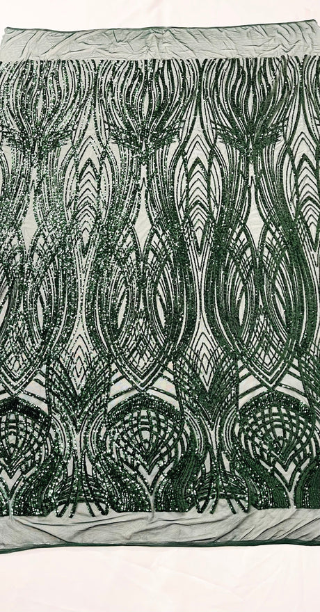 Feather Damask Shiny Sequin Design 4 Way Stretch Mesh Fabric - Iridescent Sequin Embroidered Mesh, 48-50" Width, 36" Length (1 Yard)