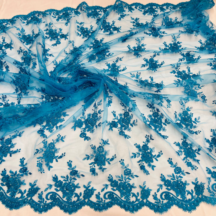 1 Yard Corded Bridal Lace Fabric Embroidered on 100 Percent Polyester Net Mesh White 56 inch Width