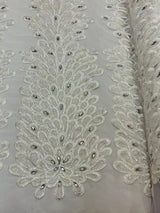 New Vegas Heavy Beaded Feather Design Embroidery Mesh Fabric - Beaded Feather Design, 11" Width, 50" Length (1 Panel)
