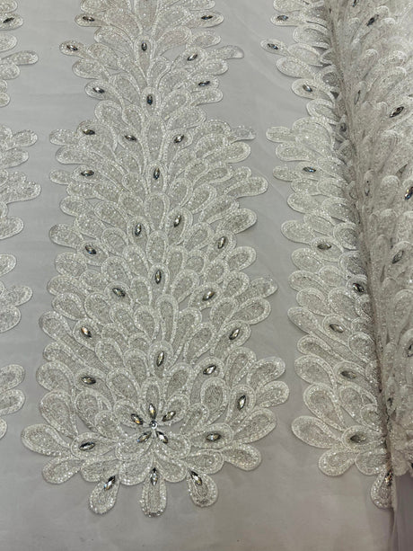 New Vegas Heavy Beaded Feather Design Embroidery Mesh Fabric - Beaded Feather Design, 11" Width, 50" Length (1 Panel)