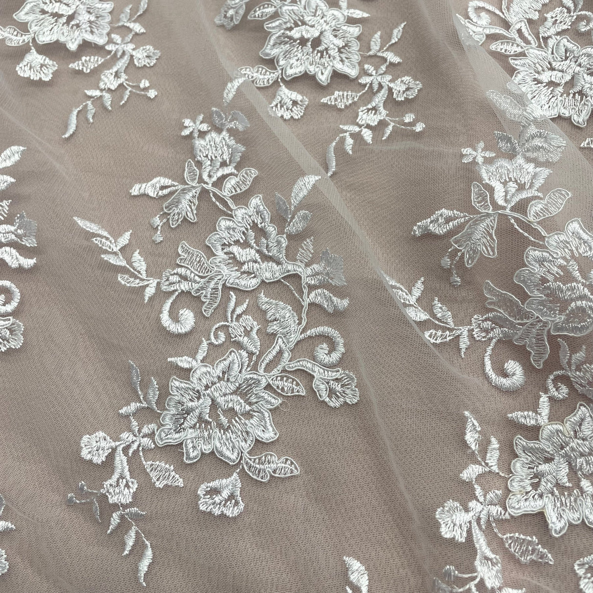 1 Yard Corded Bridal Lace Fabric Embroidered on 100% Polyester Net Mesh – 53"