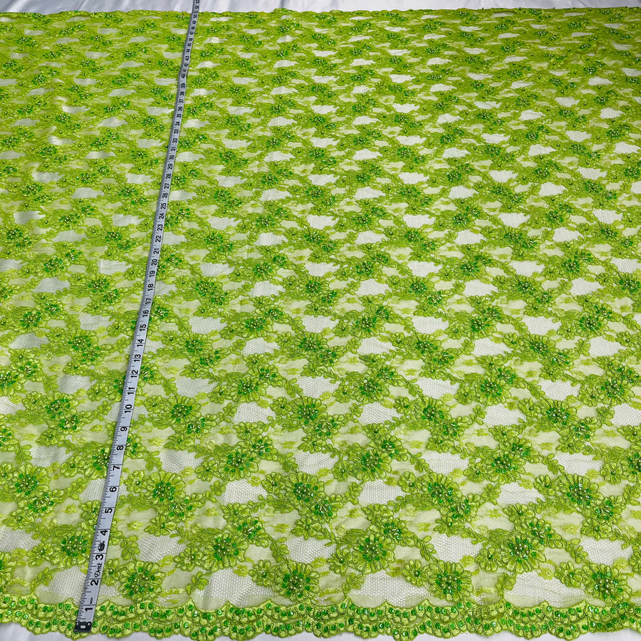 1 Yard Premium Beaded and Corded Lace Fabric Embroidered on Polyester Net Mesh