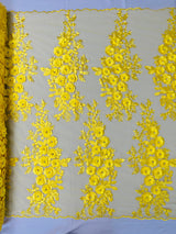 Rosa 3D Floral Design With Rhinestones Polyester Fabric - 3D Floral Embroidered Mesh Lace, 54" Width (1 Yard)