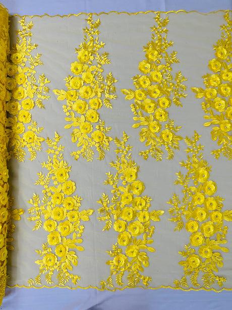 Rosa 3D Floral Design With Rhinestones Polyester Fabric - 3D Floral Embroidered Mesh Lace, 54" Width (1 Yard)