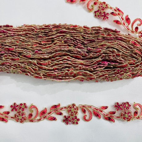 Beaded & Corded Lace Trimming Polyester Fabric - Fuchsia With Gold, Purple With Gold, Turquoise With Silver, Embroidered Net Mesh, 1" Width (1 Yard)