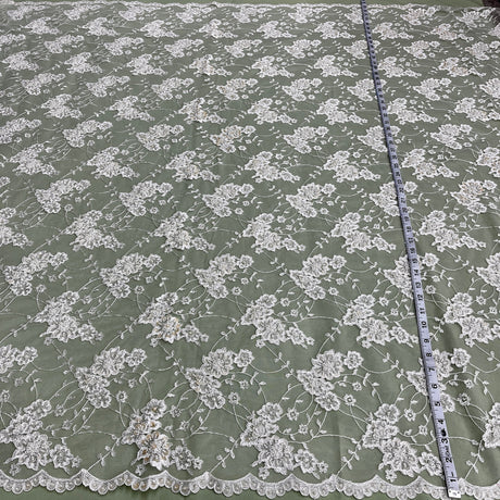 Beaded Corded Lace Fabric - Embroidered 100 Percent Polyester Net Mesh, 52" Width (1 Yard)