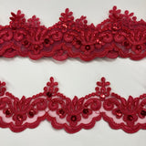 Beaded & Corded Lace Trimming Embroidered On 100% Polyester Organza Fabric - Aqua, 3" Width (1 Yard)