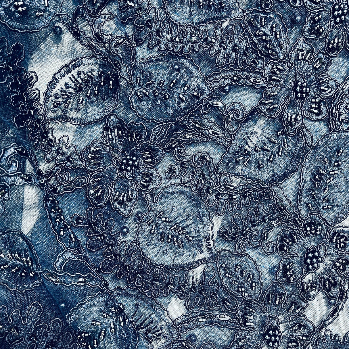 Beaded Corded Lace Fabric on Polyester Net Mesh