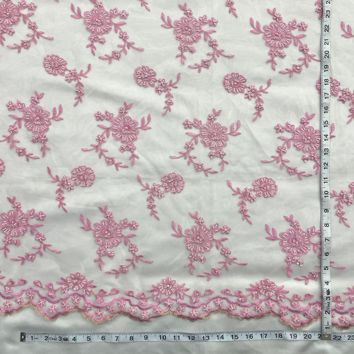 Beaded Lace Fabric Pink Mesh