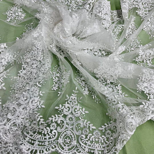 1 Yard Silver Corded Bridal Lace Fabric Embroidered on Polyester Net Mesh Elegant Design 56 Inch Width