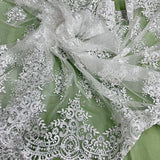 1 Yard Silver Corded Bridal Lace Fabric Embroidered on Polyester Net Mesh Elegant Design 56 Inch Width