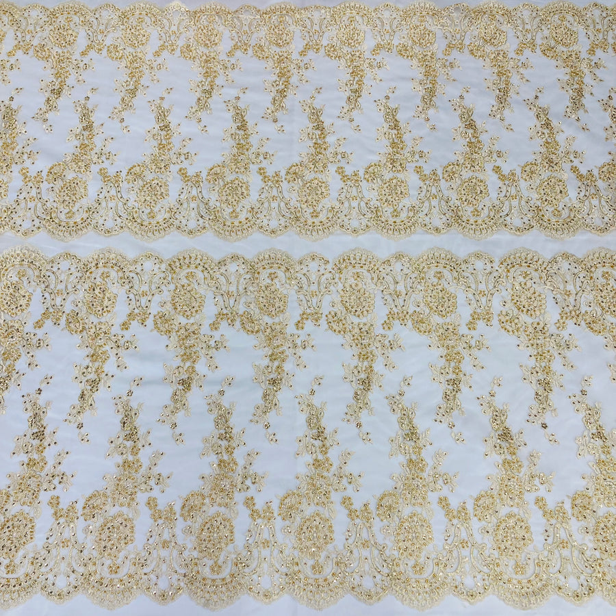 1 Yard Ivory Beaded and Corded Bridal Lace Fabric Embroidered on Polyester Net Mesh 48 Inch Width