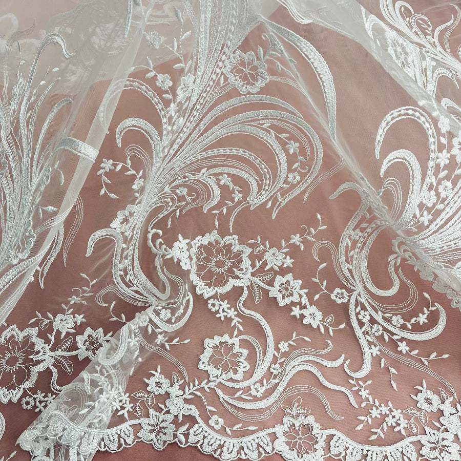 1 Yard - Corded Bridal Lace Fabric Embroidered on 100% Polyester Net Mesh - 54"