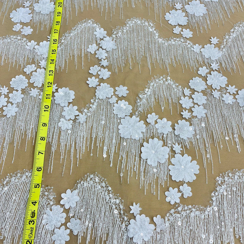 1 Yard Luxurious Beaded 3D Floral Lace Fabric Embroidered on 100% Polyester Net Mesh White