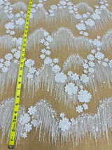 1 Yard Luxurious Beaded 3D Floral Lace Fabric Embroidered on 100% Polyester Net Mesh White