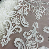 1 Yard Corded Bridal Lace Fabric Embroidered on 100% Polyester Net Mesh White