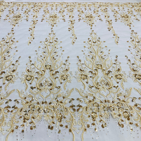 Beaded Lace Embroidered On 100 Percent Polyester Net Mesh Fabric - Gold, Silver, Ivory, White, Beaded Lace, 52" Width (1 Yard)