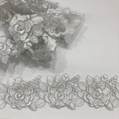 3D Floral Lace Trimming Embroidered Polyester Net Mesh 3"