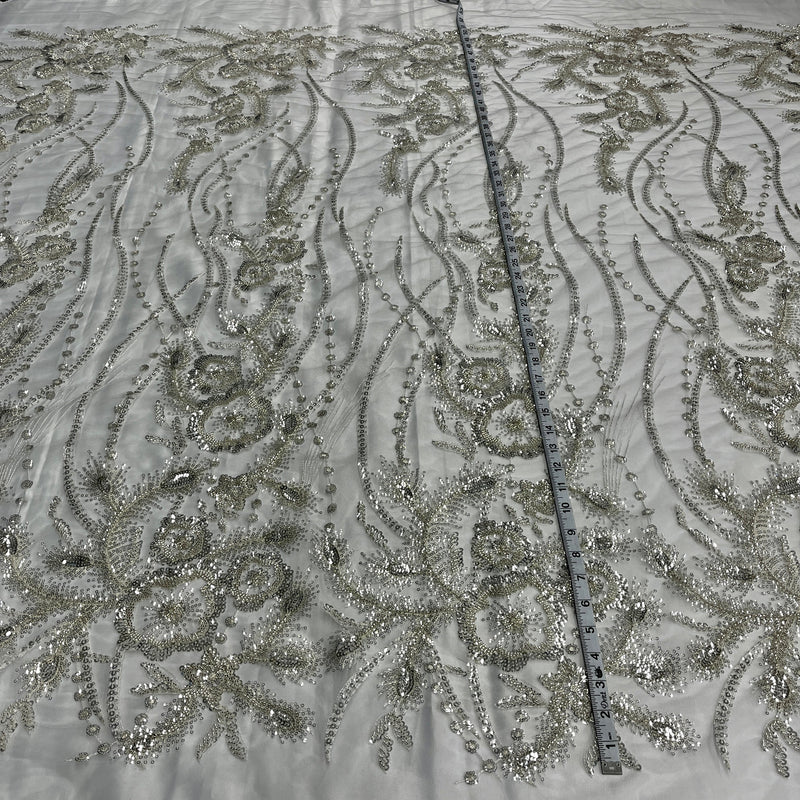 Beaded Lace Fabric Antique Silver