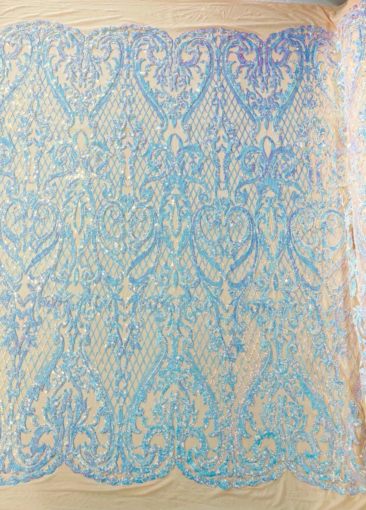 Heart Sequin Damask Polyester Fabric - Heart Damask, Iridescent Sequins, 54" Width (1 Yard)