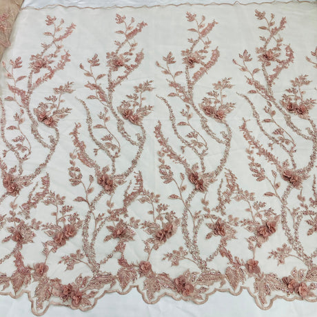 Beaded 3D Floral Lace Polyester Fabric - Embroidered Net Mesh, 48" Width (1 Yard)