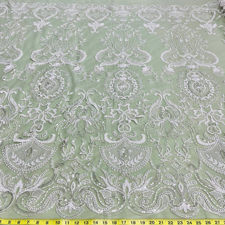 1 Yard Beaded Lace Fabric Embroidered on 100% Polyester Net Mesh Ivory