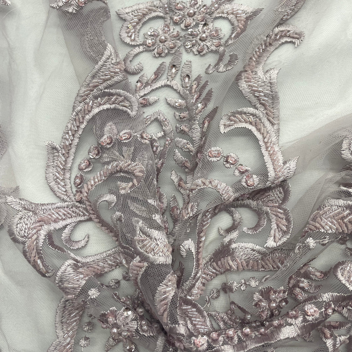 Beaded Lace Fabric on Polyester Net Mesh 54"