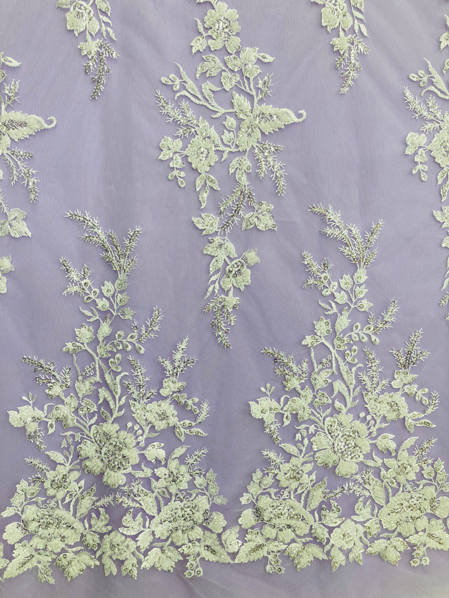 1 Yard Beaded and Sequined Lace Fabric White