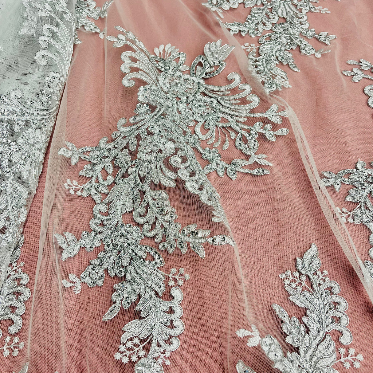 Beaded Corded Bridal Lace Fabric - Embroidered Polyester Net Mesh, 50" Width, Gold, Silver, Ivory, White (1 Yard)