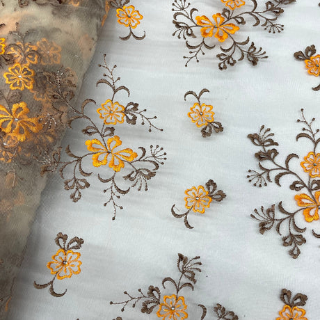 Beaded Lace Fabric Embroidered On 100 Percent Polyester Net Mesh - Orange/Brown, Yellow/Lilac, 54" Width (1 Yard)