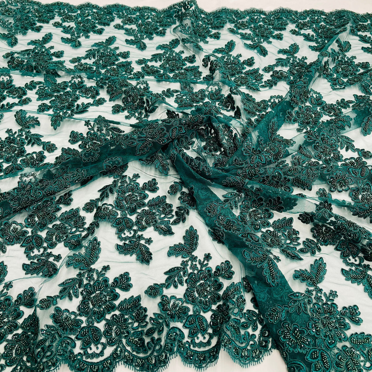 Beaded Corded Bridal Lace Polyester Fabric - Gold Metallic, Silver Metallic, White, Ivory, Rose Gold, Hunter Green, 51" Wide (1 Yard)
