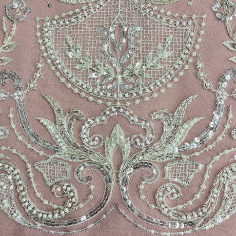 Beaded Lace Fabric - Embroidered Polyester Net Mesh, White, Ivory, Antique Silver, 51" Width (1 Yard)