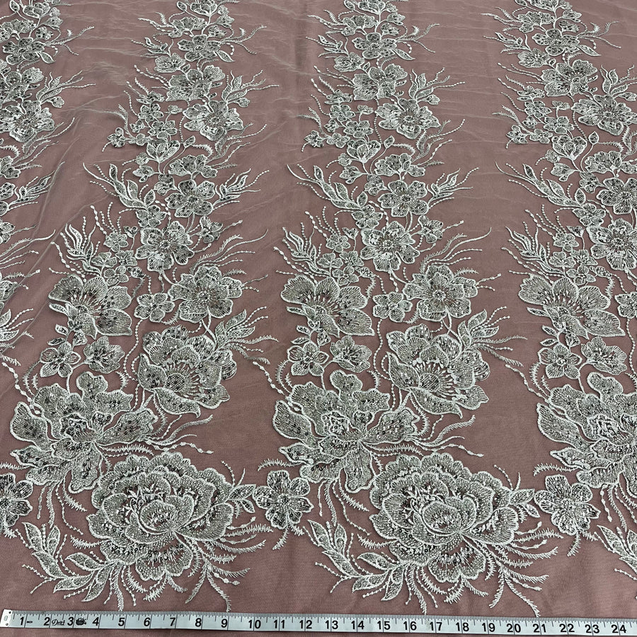 1 Yard Ivory Beaded Lace Fabric Embroidered on 100 Percent Polyester Net Mesh 52 Inch Width