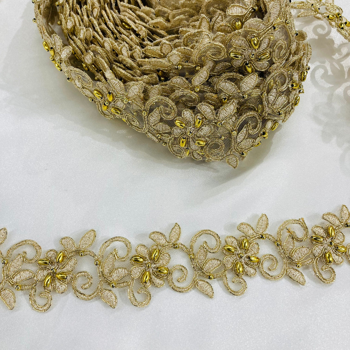 Beaded & Corded Lace Trimming Embroidered On 100% Polyester Fabric - Corded, Beaded & Embroidered Trimming, 1.5" Width (1 Yard)