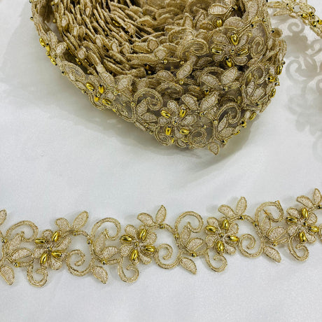 Beaded & Corded Lace Trimming Embroidered On 100% Polyester Fabric - Corded, Beaded & Embroidered Trimming, 1.5" Width (1 Yard)