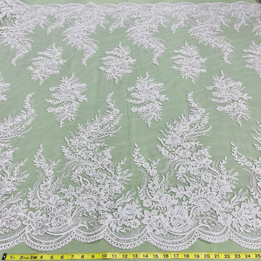 1 Yard Ivory Beaded and Corded Bridal Lace Fabric Embroidered on Polyester Net Mesh 56 Inch Width