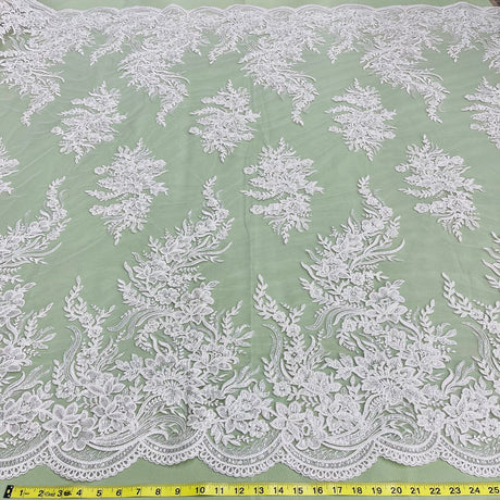 1 Yard Ivory Beaded and Corded Bridal Lace Fabric Embroidered on Polyester Net Mesh 56 Inch Width