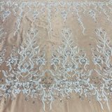 1 Yard Exquisite Beaded Lace Fabric Embroidered on 100% Polyester Net Mesh White