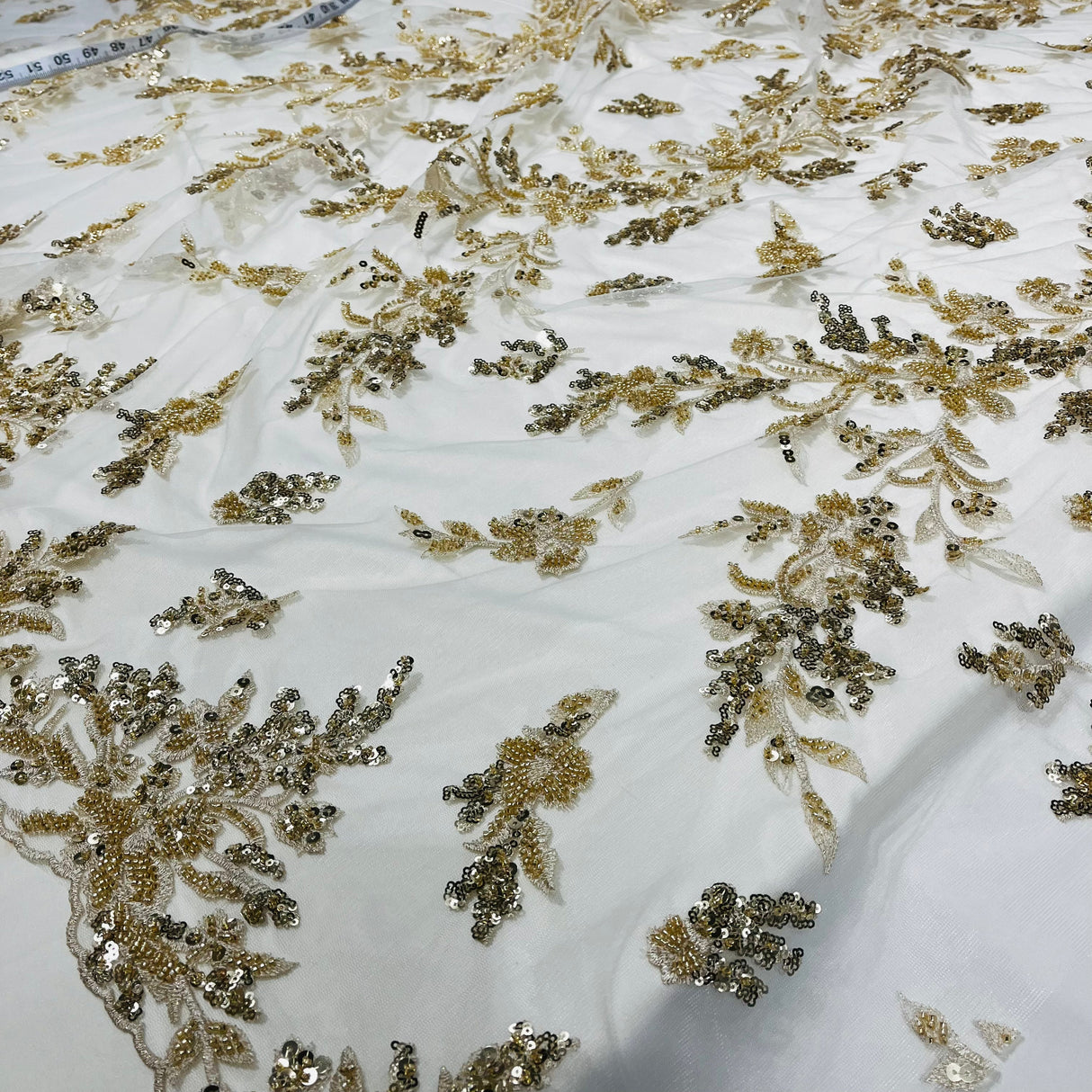 Beaded Lace Fabric Embroidered On 100 Percent Polyester Net Mesh - Gold, Silver, 52" Wide (1 Yard)