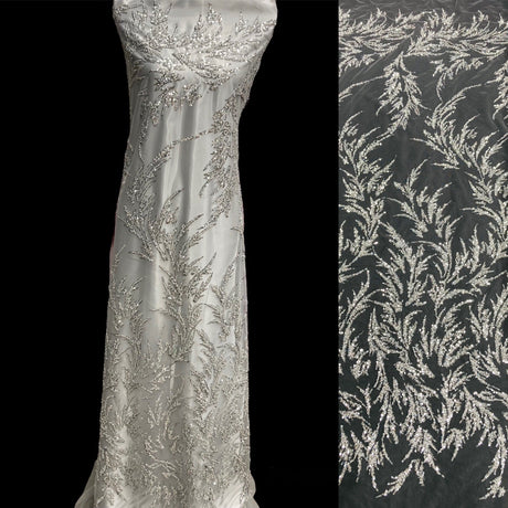 Beaded Lace Fabric Embroidered On 100% Polyester Net Mesh - Gold, Silver, Ivory, White, Rose Gold, Beaded Embroidered Lace, 54" Width (1 Yard)